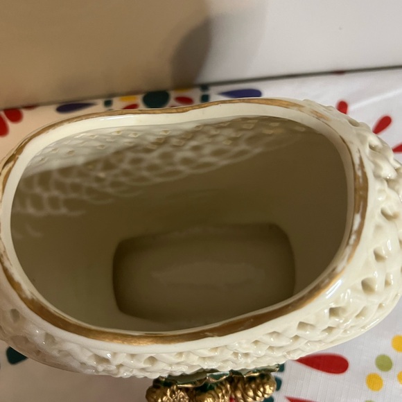 VTG Christmas Vase White Embossed With Holly Pine Cone Reticulated Rim Holiday - Picture 2 of 8